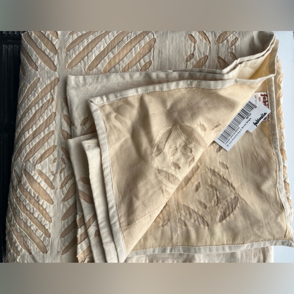 NWT FabIndia Heirloom Quality Hand Appliqué Cotton Bedcover Tablecloth Beige 90"